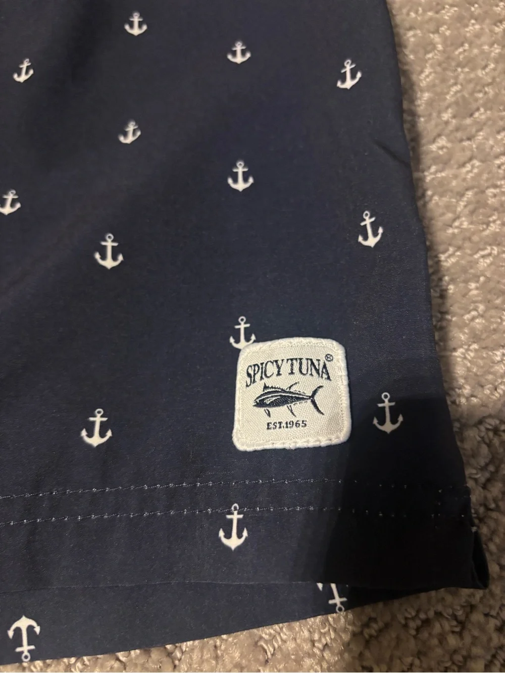 Men's Navy Anchor Swim Trunks with White Drawcord
